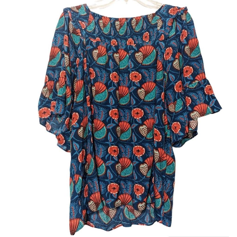 Women's Anthropologie Maeve XL Letitia Smocked Blouse Teal Poppy Babydoll Shirt - Picture 2 of 11